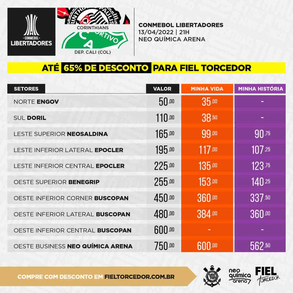 Corinthians x Deportivo Cali: saiba valores e como comprar ingresso para o jogo na Neo Química Arena