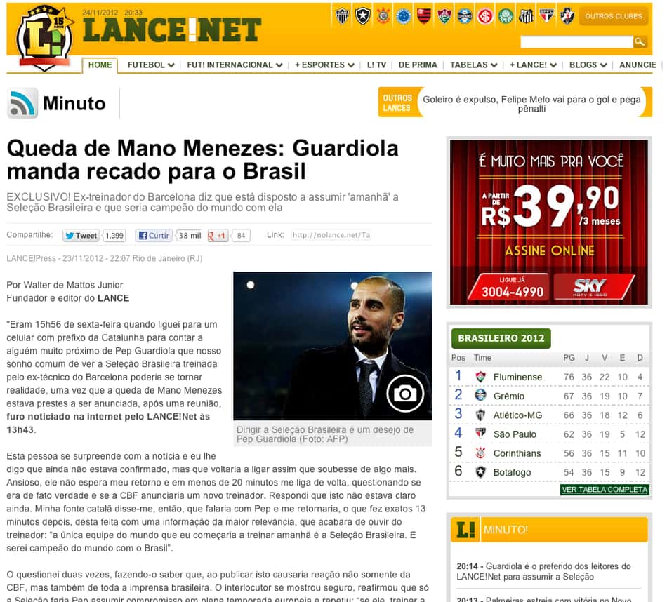 Print - LANCE! - 23/11/2012 - Guardiola na Seleção Brasileira