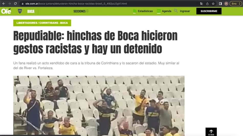 'Repudiável': Diário argentino reage a ato racista de torcedor do Boca em jogo contra o Corinthians