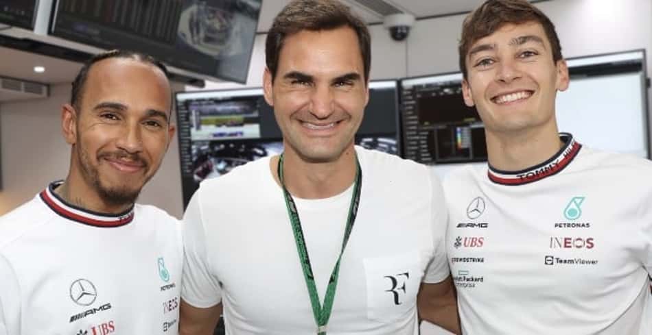 Federer acompanha treino da Fórmula 1 e visita Hamilton