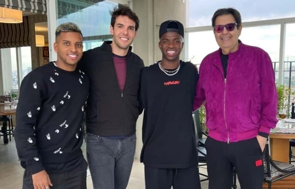 Real Madrid 'irrita' web brasileira ao cortar Faustão de foto com Vini Jr, Kaká e Rodrygo: 'Merece respeito'