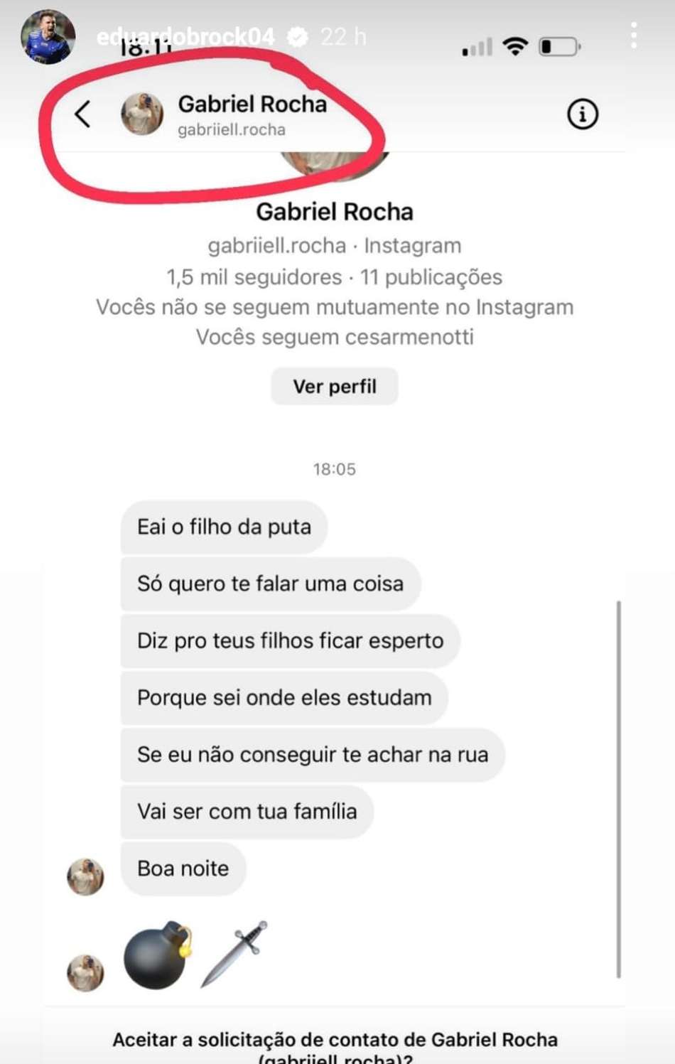 Ameaças recebidas por Eduardo Brock, no Instagram
