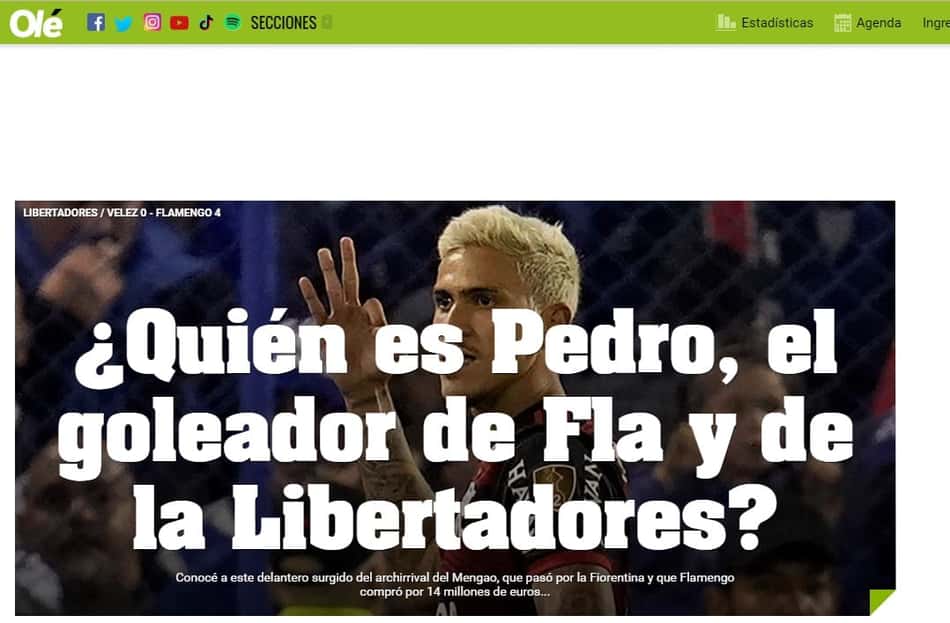 'Quem é Pedro, o terrível': jornal argentino 'Olé' explica carreira do atacante do Flamengo após hat-trick