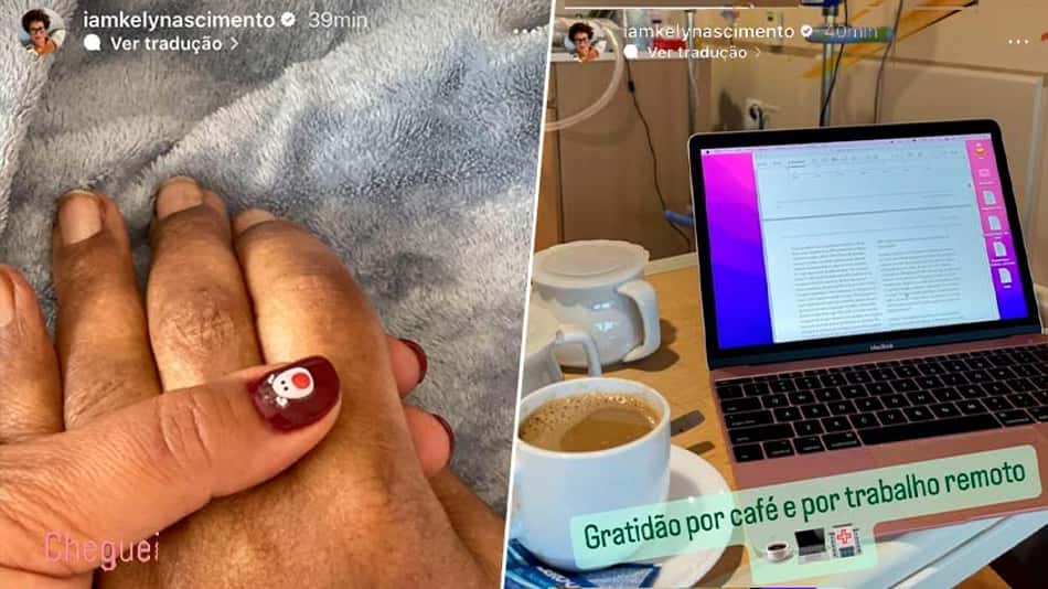Filha segura a mão de Pelé no hospital...