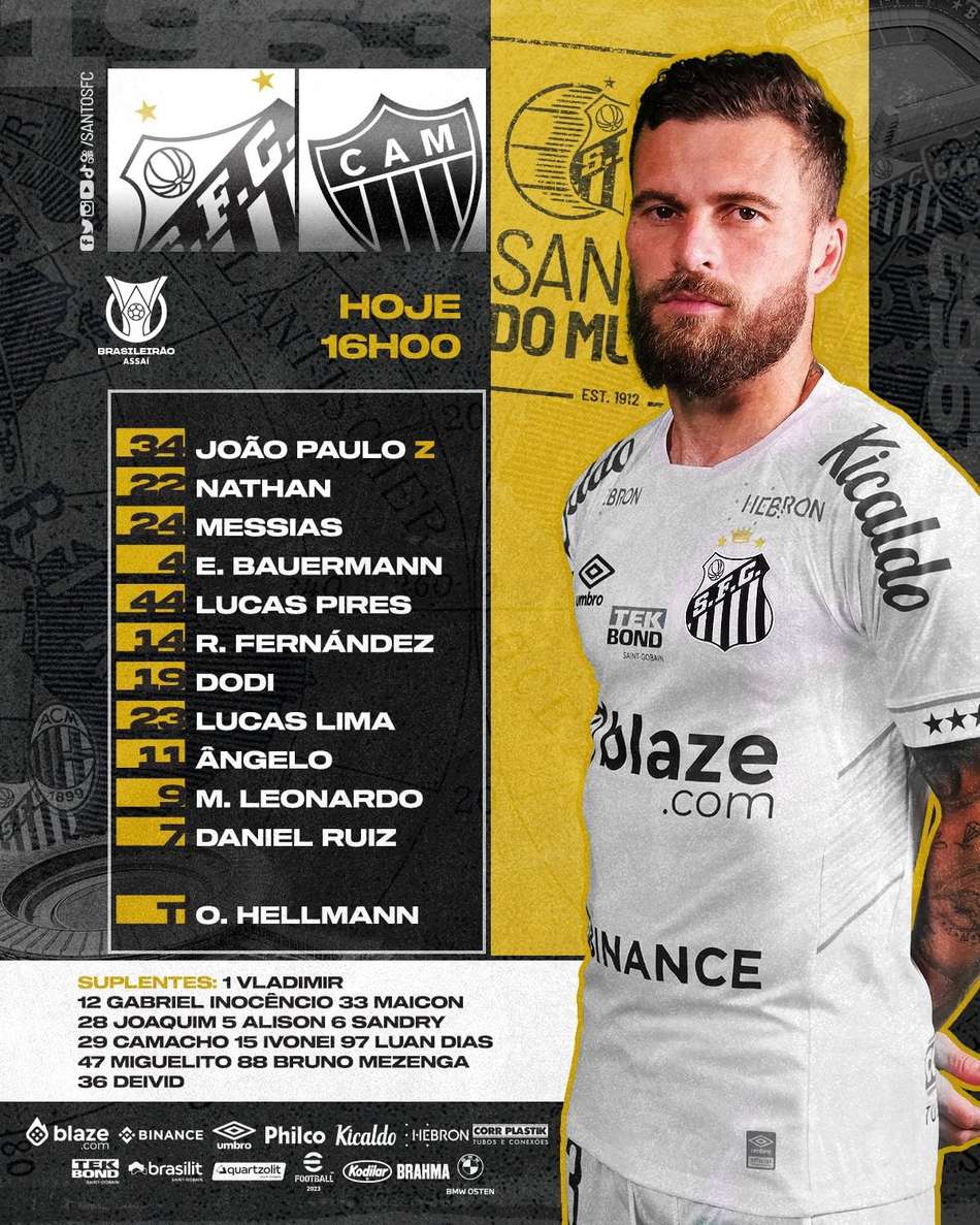 Com Daniel Ruiz de titular, Santos está escalado para enfrentar o Atlético-MG