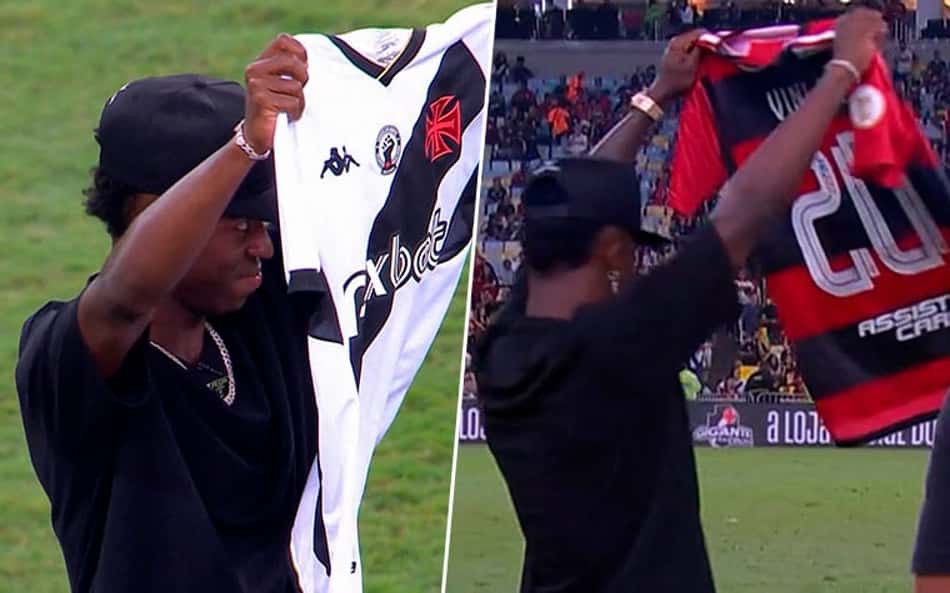 Vini Jr marca presença no Maracanã e levanta camisas de Vasco e Flamengo
