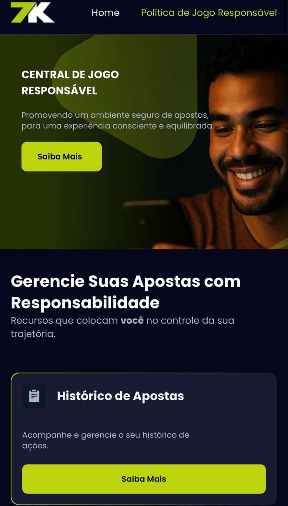 Captura de tela da Central de Jogo Responsável da Bet7k.