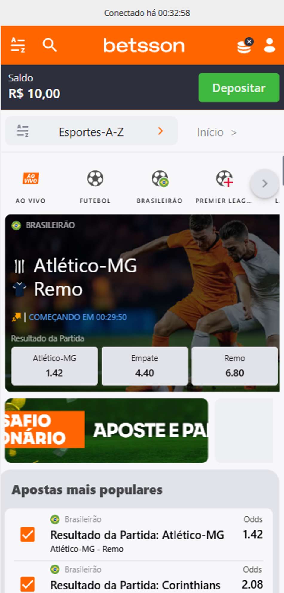 Interface de apostas ao vivo da Betsson com odds para Atlético-MG x Remo no Brasileirão