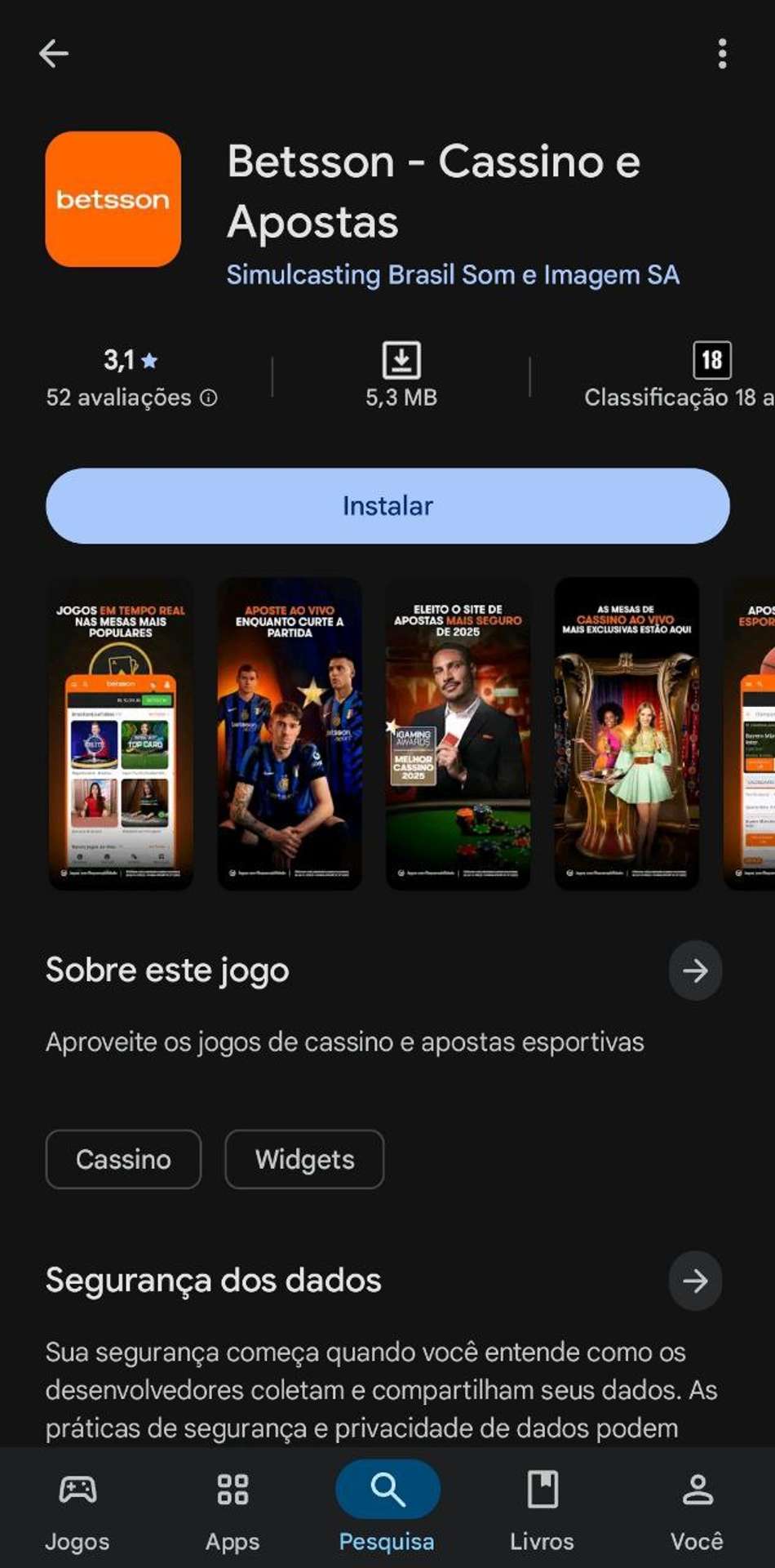 Página do aplicativo Betsson na Play Store com informações de download e tamanho do app