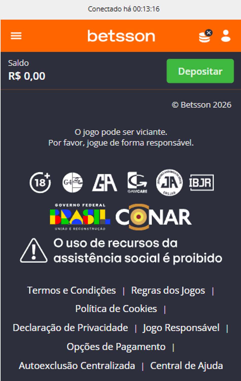 Rodapé da Betsson exibindo licenças, selos de segurança e jogo responsável