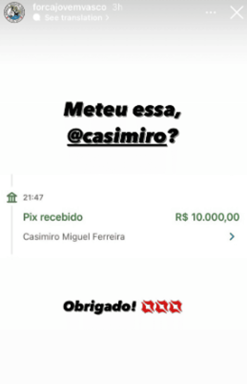 Casimiro Miguel faz pix de 10 mil reais para a Força Jovem