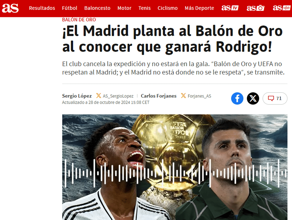 AS repercute Vini Jr. sem a Bola de Ouro / Reprodução