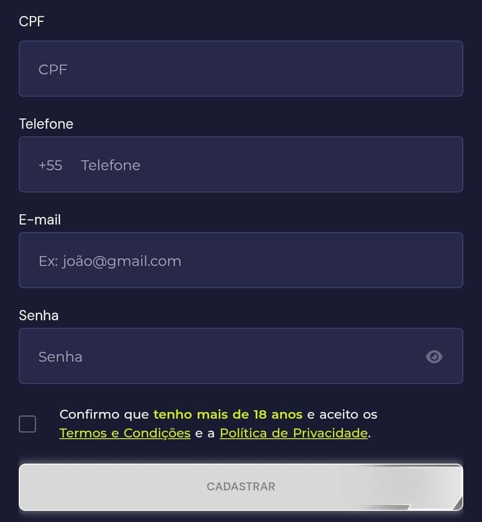 Captura de tela do cadastro da Bet7K.