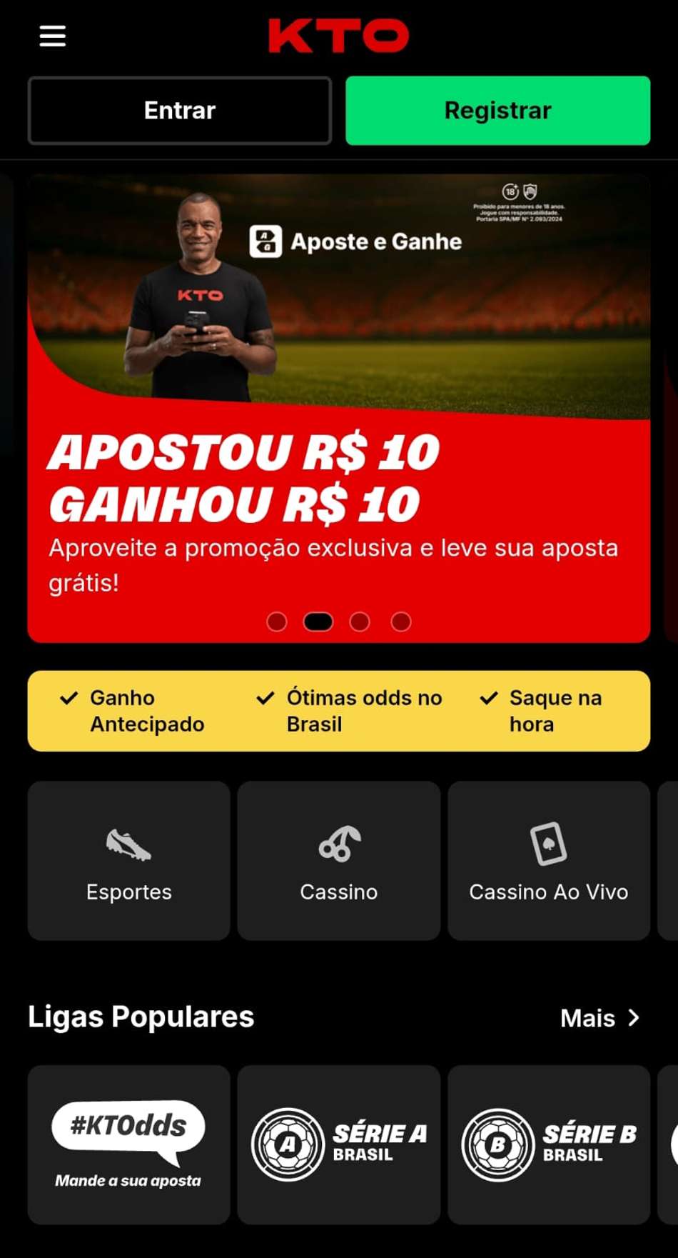  Captura de tela da página inicial da KTO com a oferta Aposte e Ganhe e categorias esportivas.