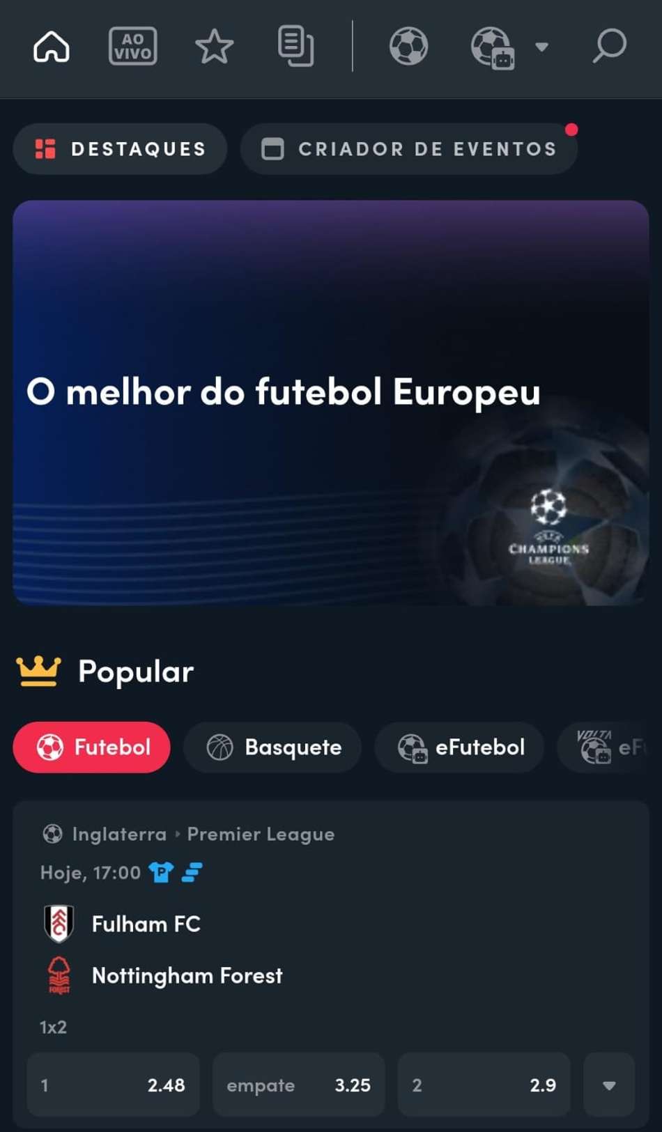 Captura de tela da página inicial de esportes da Blaze