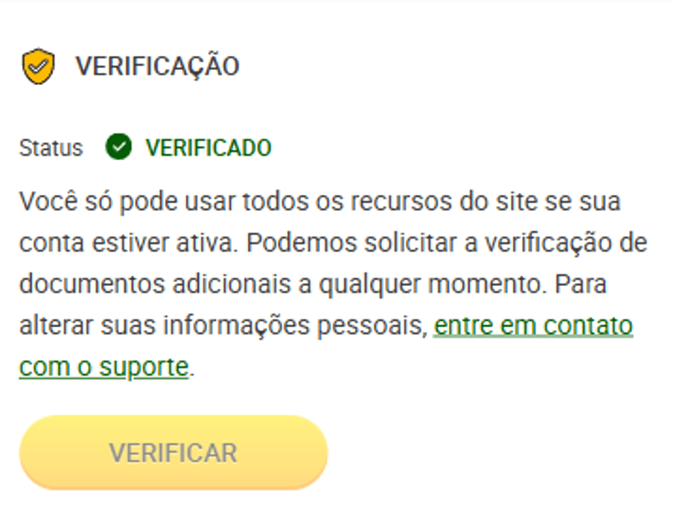 Captura de tela do status de verificado no KYC da Brazino777.