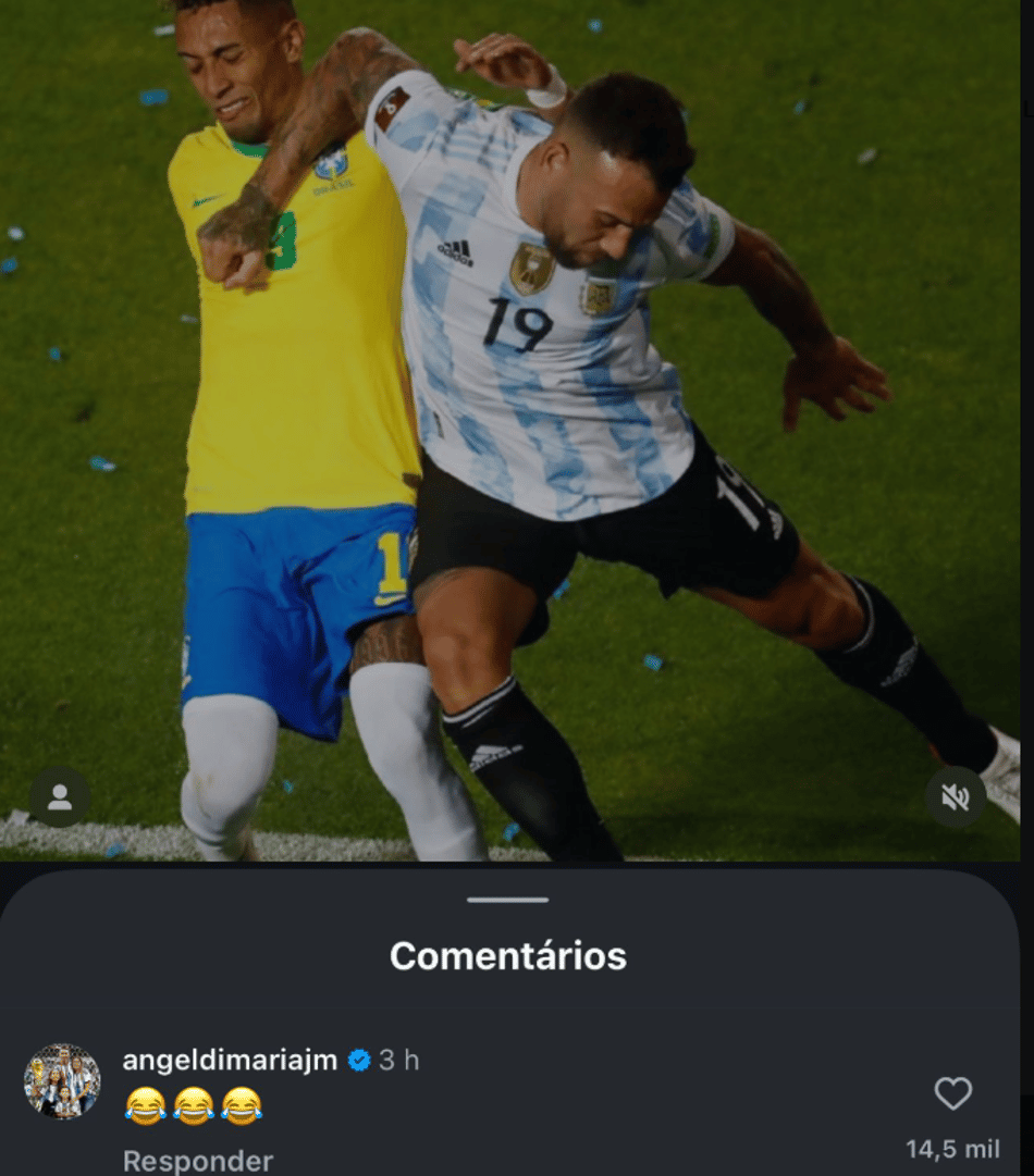 Di Maria comentou emojis de risada em publicação de provocação a Raphinha
