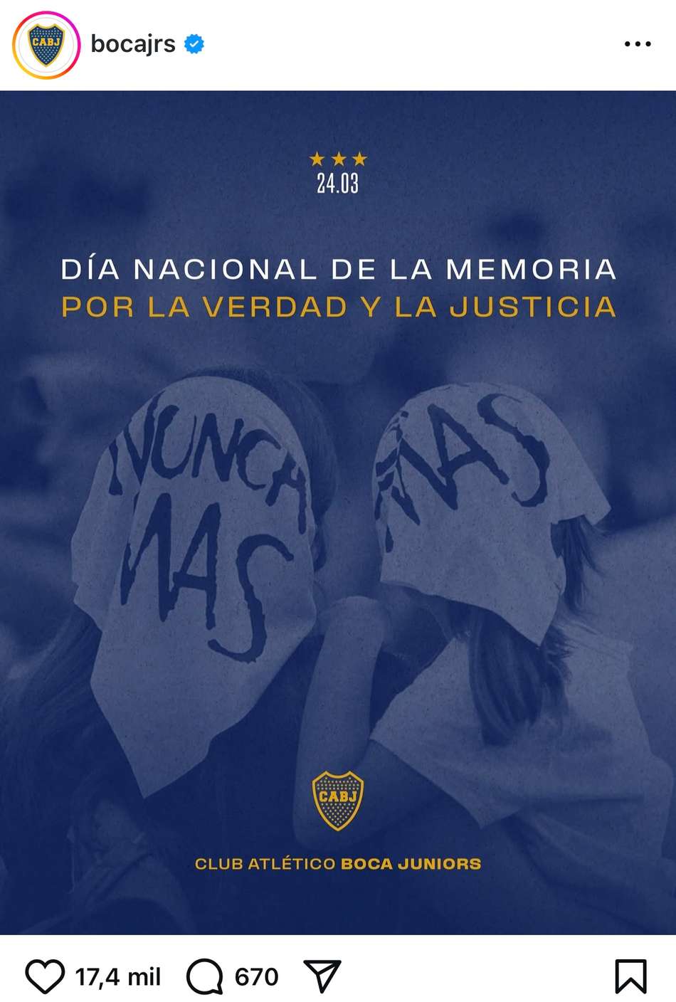 Clubes argentinos participam de movimento nunca más. Foto: reprodução Instagram