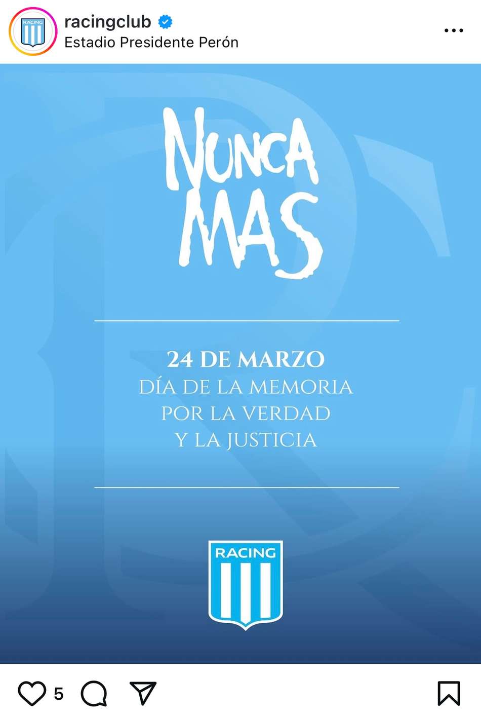 Clubes argentinos participam de movimento nunca más. Foto: reprodução Instagram