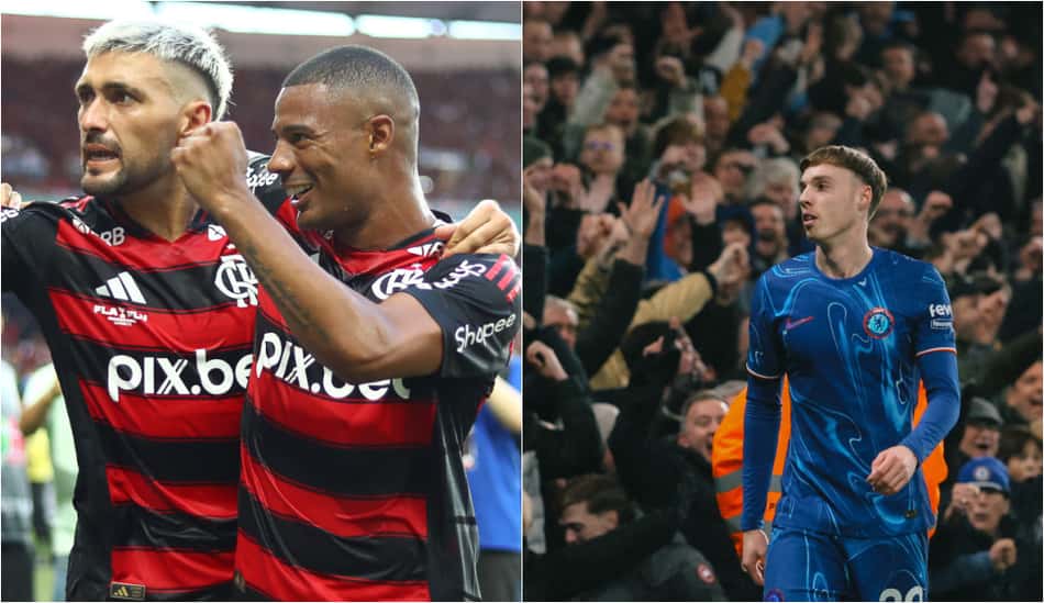 Arrascaeta e De La Cruz comemorando gol pelo Flamengo/Cole Palmer em ação pelo Chelsea