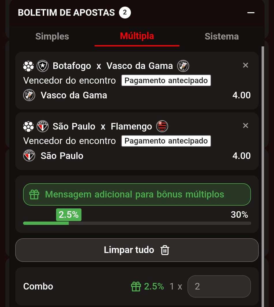 Captura de tela do Boletim de Apostas na plataforma BateuBet