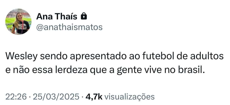A comentarista Ana Thaís Matos comentou a atuação de Wesley pela Seleção (Foto: Reprodução/X)
