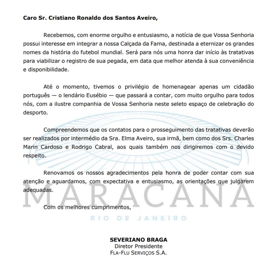Carta enviada a Cristiano Ronaldo pelo Maracanã