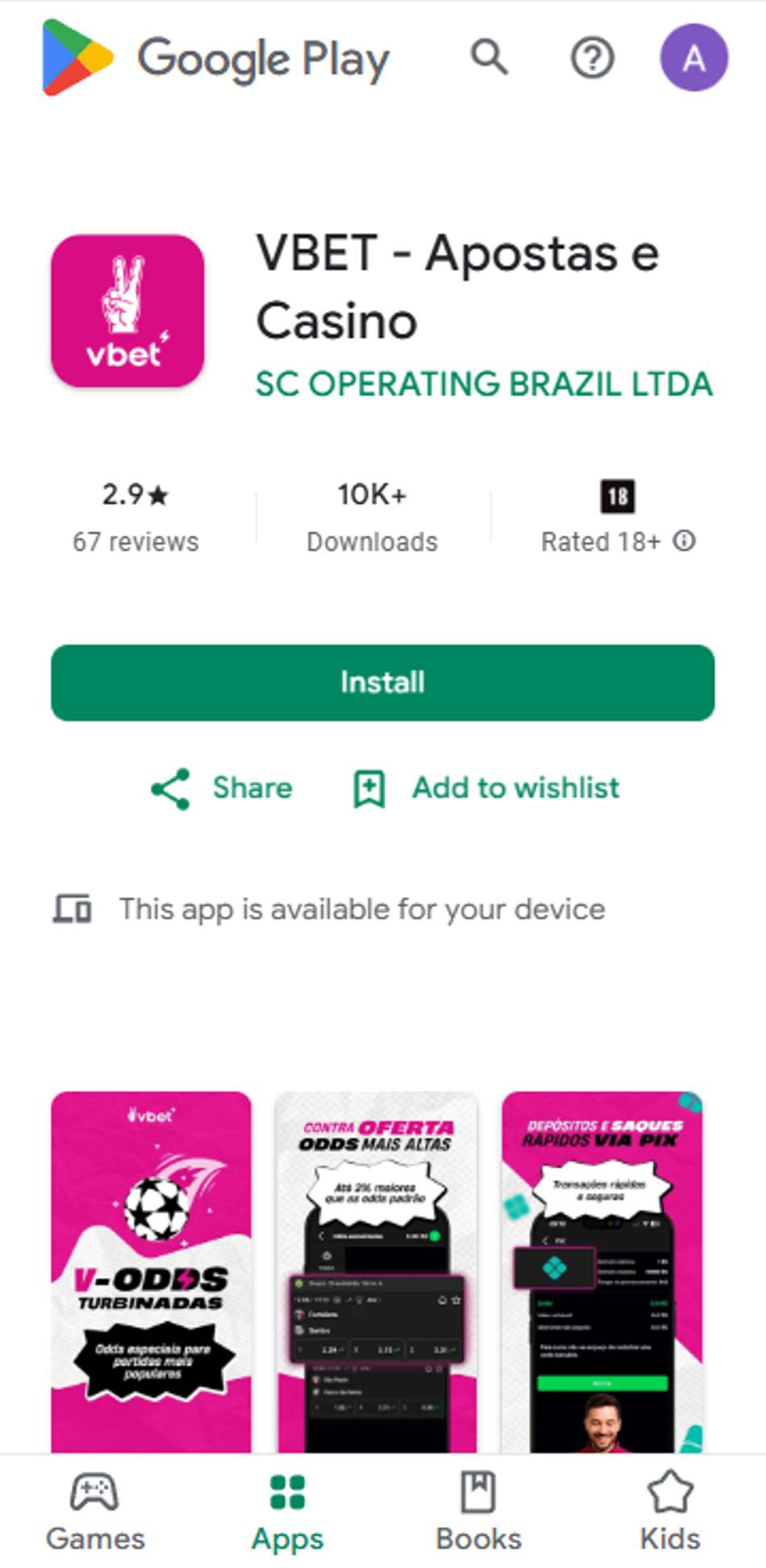 Página de download do aplicativo da Vbet na Google Play