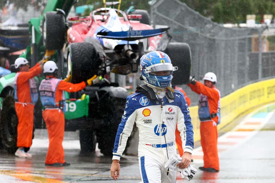 MIAMI, FLORIDA - MAY 03: Charles Leclerc of Monaco and Scuderia Ferrari walks away after a crash on the way to the grid during the Sprint ahead of the F1 Grand Prix of Miami at Miami International Autodrome on May 03, 2025 in Miami, Florida. Clive Rose/Getty Images/AFP (Photo by CLIVE ROSE / GETTY IMAGES NORTH AMERICA / Getty Images via AFP)