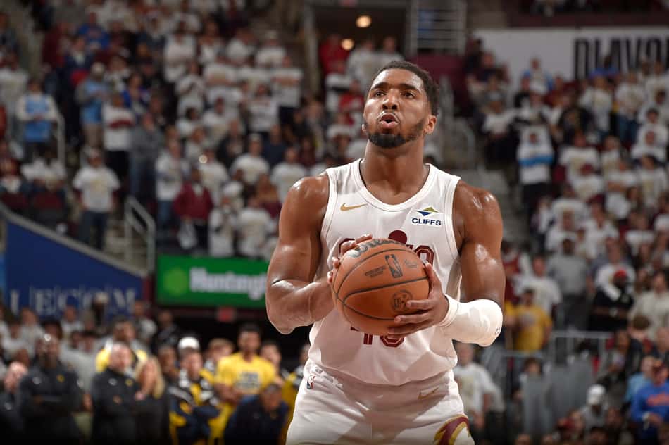 CLEVELAND, OH - MAY 6: Donovan Mitchell #45 of the Cleveland Cavaliers prepares to shoot a free throw during the game against the Indiana Pacers during Round Two Game Two of the 2025 NBA Playoffs on May 6, 2025 at Rocket Arena in Cleveland, Ohio. NOTE TO USER: User expressly acknowledges and agrees that, by downloading and/or using this Photograph, user is consenting to the terms and conditions of the Getty Images License Agreement. Mandatory Copyright Notice: Copyright 2025 NBAE David Liam Kyle/NBAE via Getty Images/AFP (Photo by David Liam Kyle / NBAE / Getty Images / Getty Images via AFP)