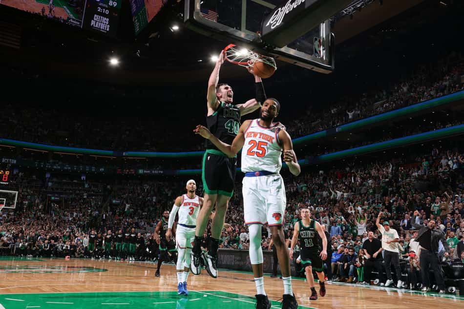 BOSTON, MA - MAY 14: Luke Kornet #40 of the Boston Celtics dunks the ball during the game against the New York Knicks during Round Two Game Five of the 2025 NBA Playoffs on May 14, 2025 at TD Garden in Boston, Massachusetts. NOTE TO USER: User expressly acknowledges and agrees that, by downloading and/or using this Photograph, user is consenting to the terms and conditions of the Getty Images License Agreement. Mandatory Copyright Notice: Copyright 2025 NBAE Nathaniel S. Butler/NBAE via Getty Images/AFP (Photo by Nathaniel S. Butler / NBAE / Getty Images / Getty Images via AFP)