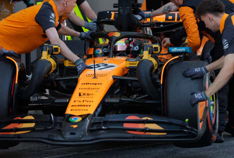 McLaren's Australian driver Oscar Piastri leaves the pitlane after making a pitstop in the qualification session at the Circuit de Catalunya in Montmelo, on the outskirts of Barcelona, during the Spanish Formula One Grand Prix on May 31, 2025. (Photo by JUAN MEDINA / POOL / AFP)
