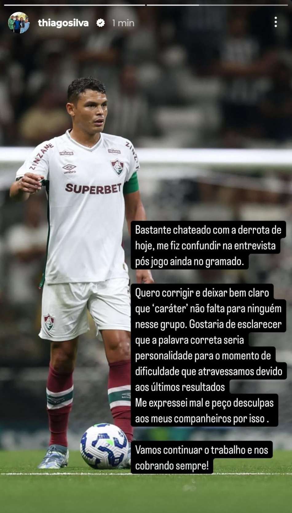 Thiago Silva se retrata em sua rede social após derrota do Fluminense para o Atlético-MG