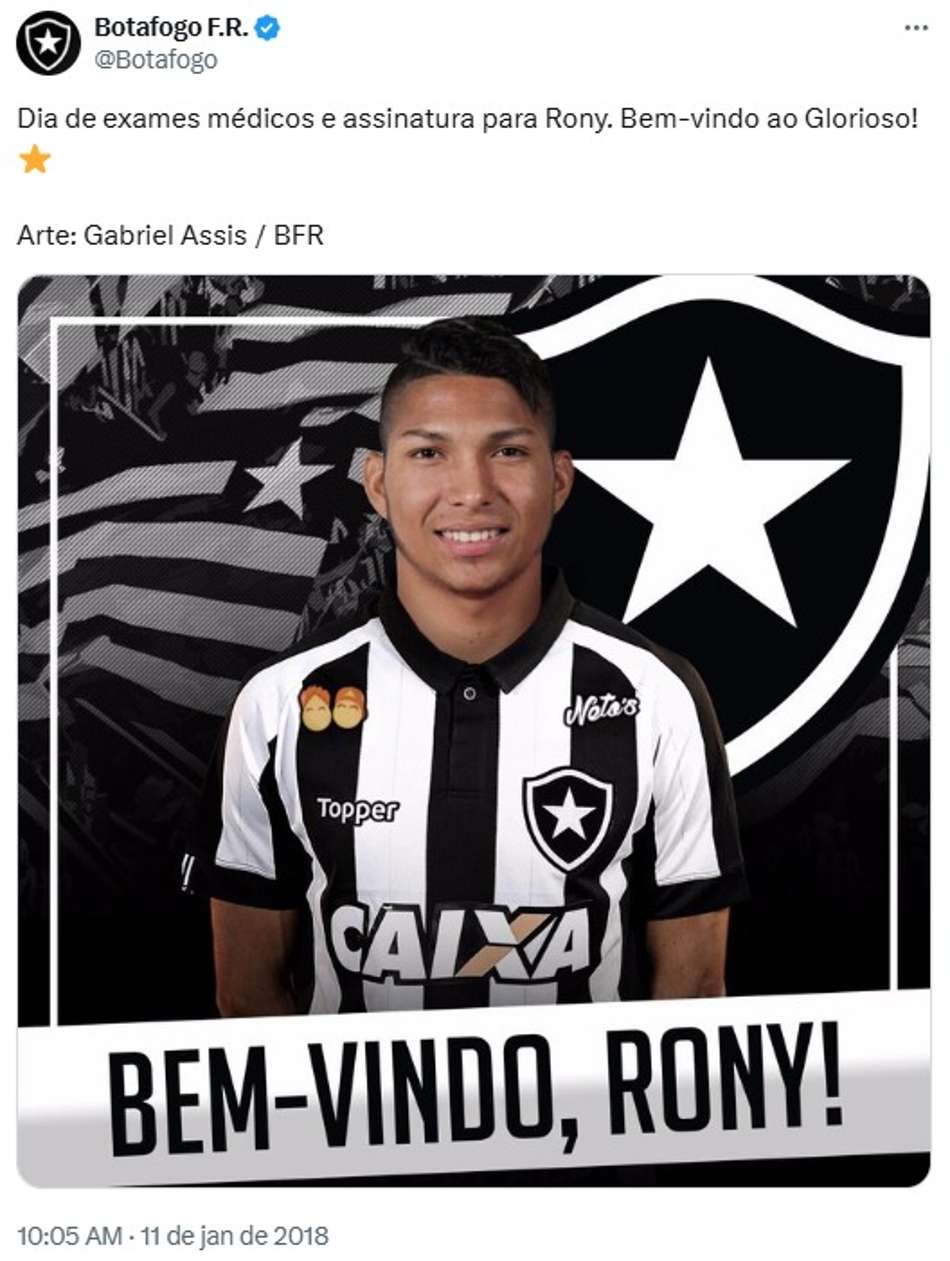 Em 2018, Rony foi anunciado pelo Botafogo, mas não defendeu o clube (Foto: Reprodução)