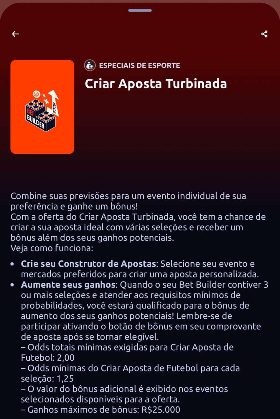 Captura de tela da página de Criar Aposta Turbinada na casa de apostas no Campeonato Paulista Betano.