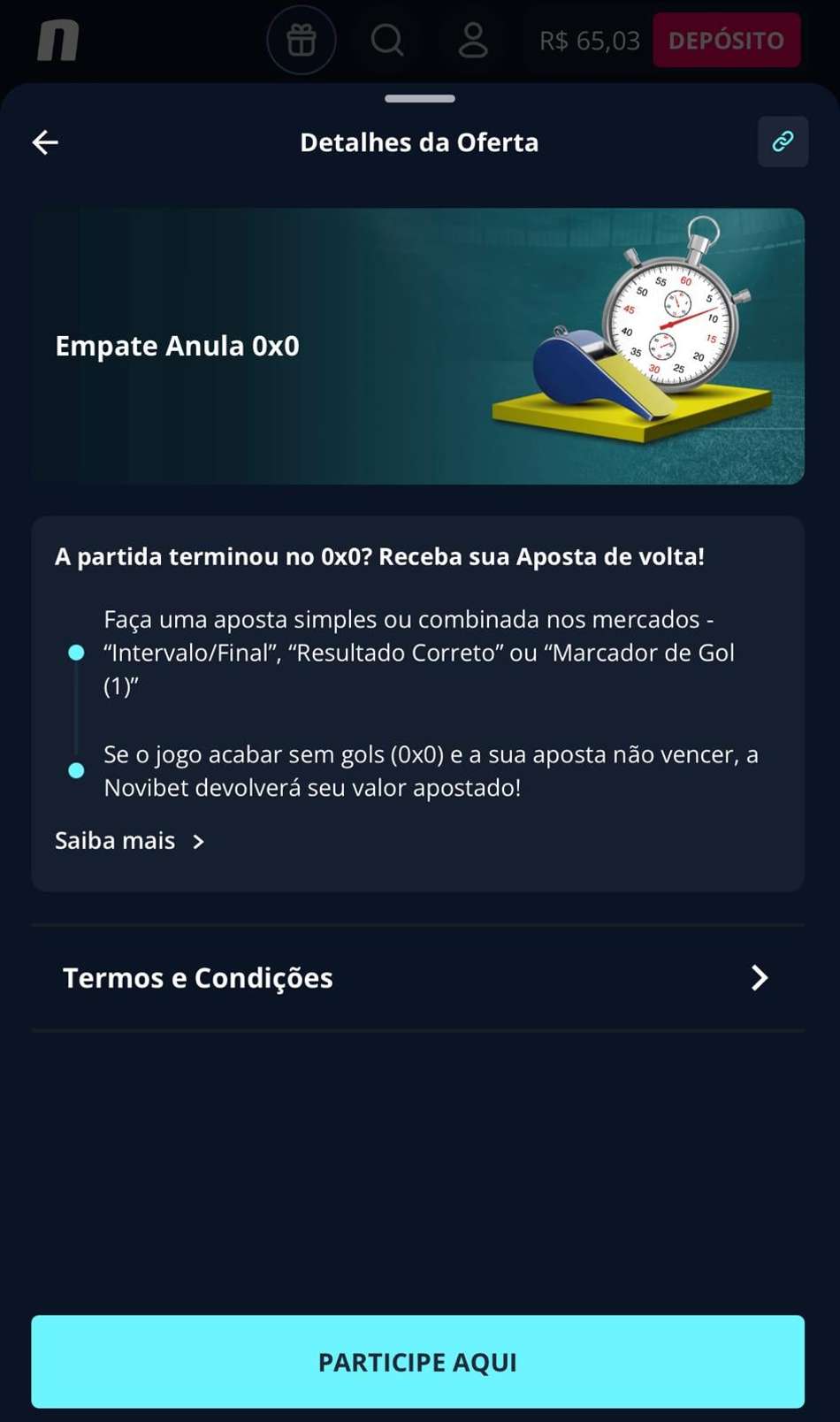 Captura da tela do Empate Anula 0x0 na casa de apostas no Campeonato Paulista Novibet.