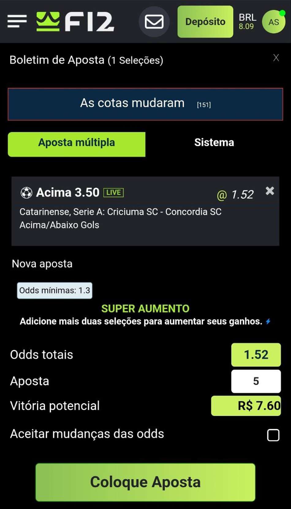 Bilhete de apostas na F12 Bet em criação com vitória potencial de R$7.60