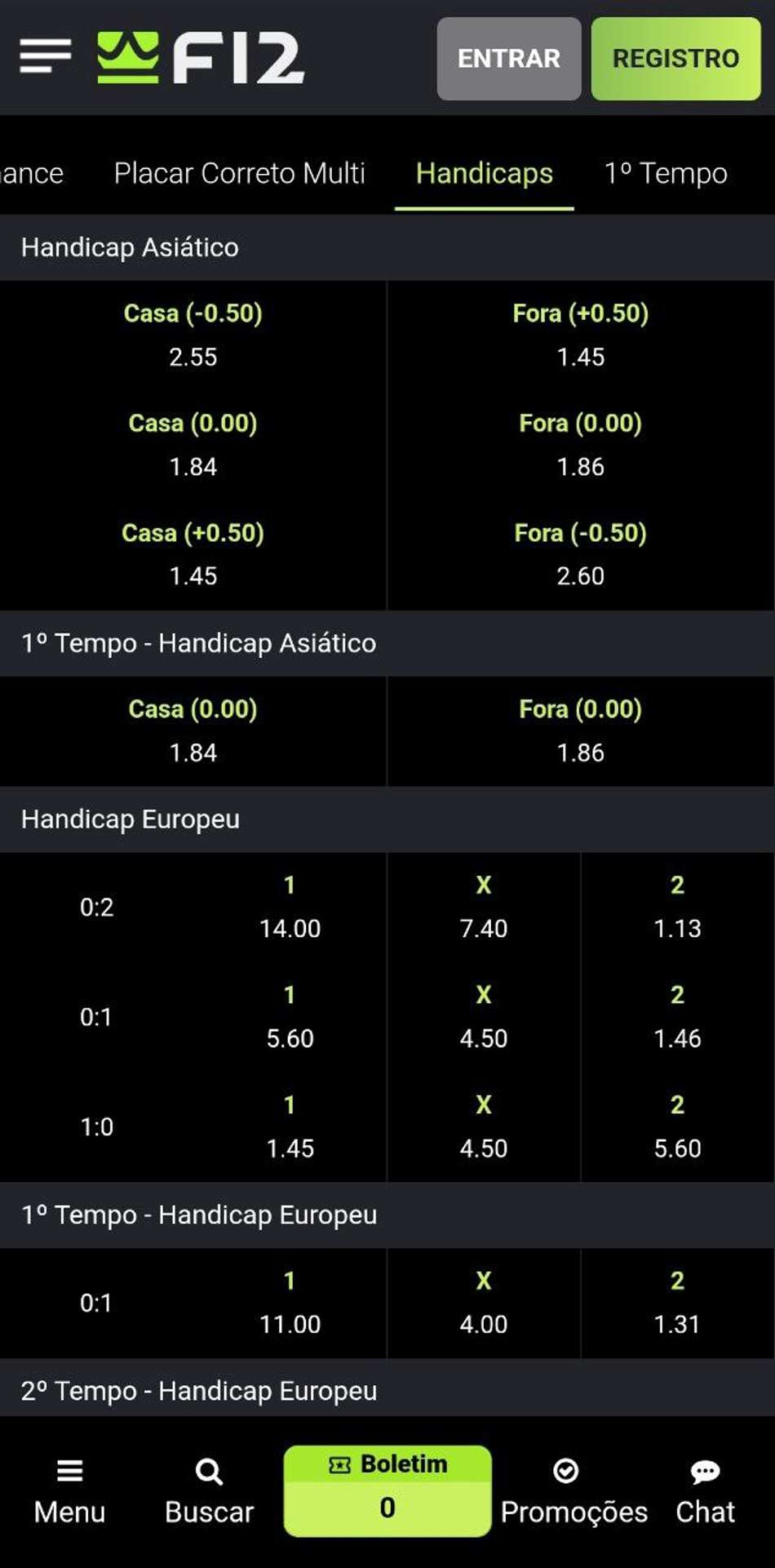 Handicap asiático e europeu na F12 Bet