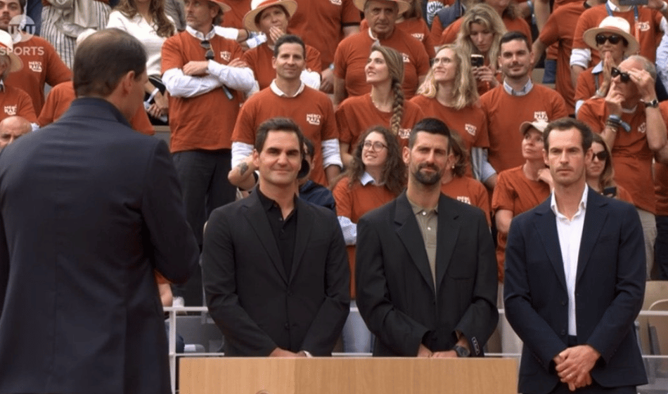 Federer, Djokovic e Murray na homenagem a Nadal em Roland Garros (Divulgação)