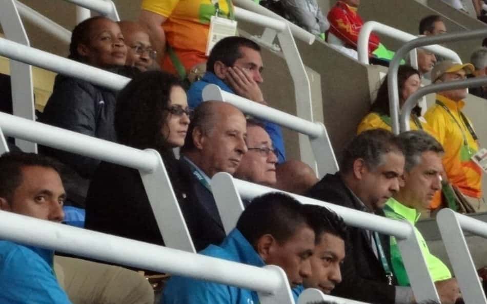 Marco Polo Del Nero e Coronel Nunes no Engenhão, assistindo à estreia da seleção feminina