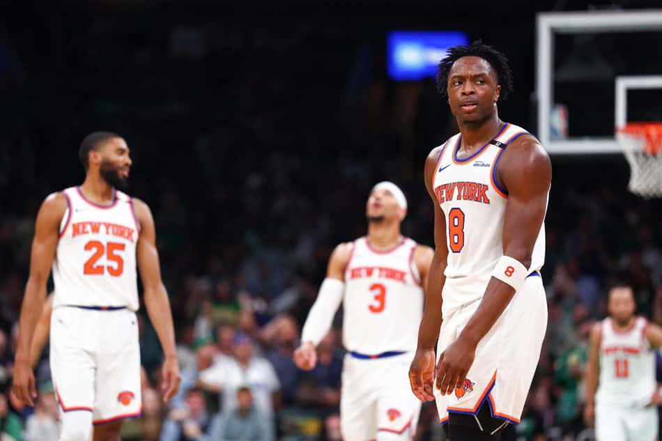 BOSTON, MASSACHUSETTS - MAY 07: OG Anunoby #8 of the New York Knicks reacts during the third quarter against the Boston Celtics in Game Two of the Eastern Conference Second Round NBA Playoffs at TD Garden on May 07, 2025 in Boston, Massachusetts. NOTE TO USER: User expressly acknowledges and agrees that, by downloading and or using this photograph, User is consenting to the terms and conditions of the Getty Images License Agreement. Maddie Meyer/Getty Images/AFP (Photo by Maddie Meyer / GETTY IMAGES NORTH AMERICA / Getty Images via AFP)