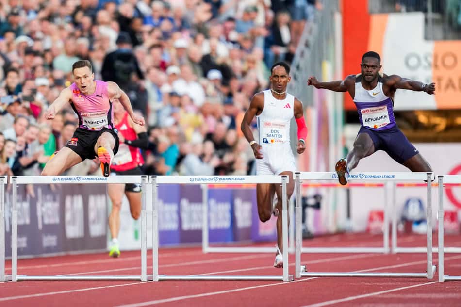 Karsten Warholm, Alison Piu dos Santos e Rai Benjamin na Diamond League Oslo. (foto: Fredrik Varfjell / NTB / AFP) / Norway OUT / NORWAY OUT / NORWAY OUT