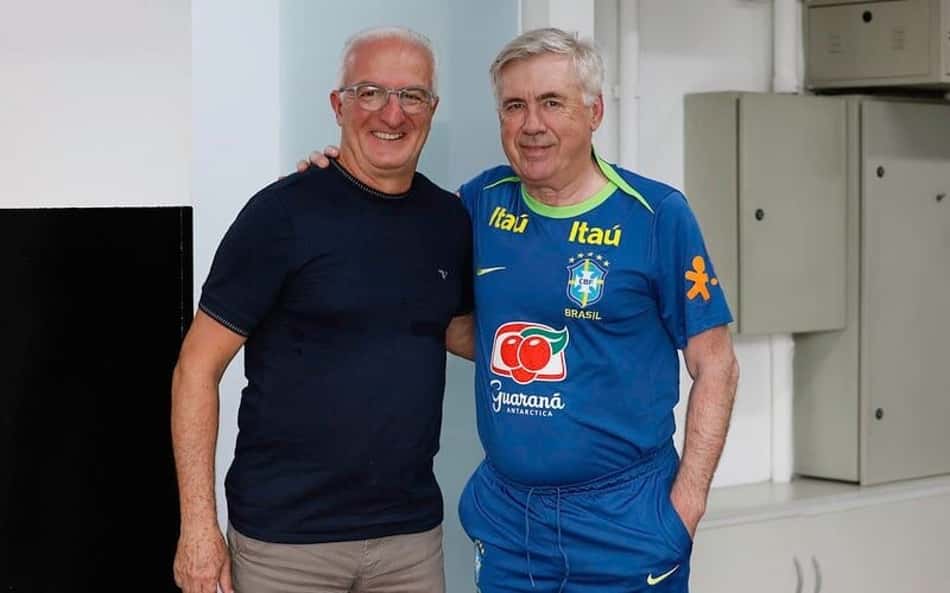 Ex-técnico da Seleção Brasileira, Dorival Jr. enconta com Carlo Ancelotti no CT Joaquim Grava. (Foto: Rafael Ribeiro/ CBF)