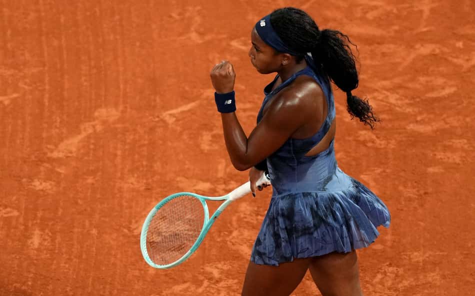 US Coco Gauff reacts after a point during her women's singles semi-final match against France's Lois Boisson on day 12 of the French Open tennis tournament on Court Philippe-Chatrier at the Roland-Garros Complex in Paris on June 5, 2025. (Photo by Dimitar DILKOFF / AFP)