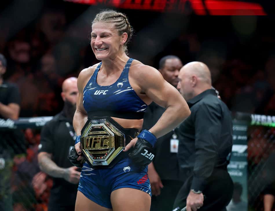 NEWARK, NEW JERSEY - JUNE 07: Kayla Harrison of the United States enters the octagon before the bantamweight bout against Julianna Pena of the United States during UFC 316 at the Prudential Center on June 07, 2025 in Newark, New Jersey. Elsa/Getty Images/AFP (Photo by ELSA / GETTY IMAGES NORTH AMERICA / Getty Images via AFP)