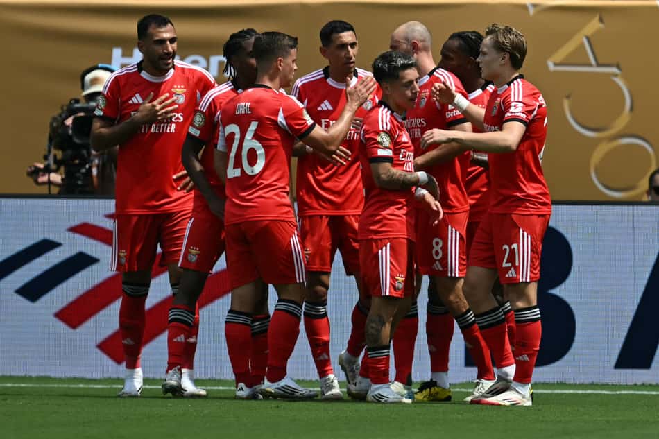 Benfica comemora gol diante do Bayern de Munique (Foto: Paul ELLIS / AFP)