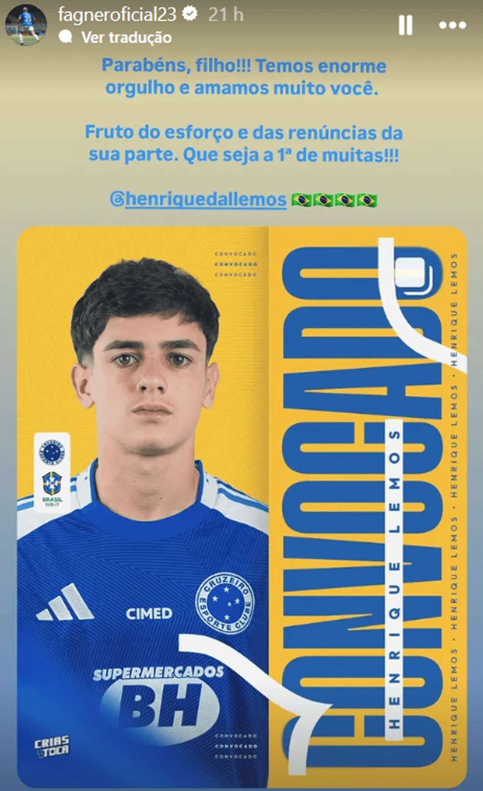 Filho de Fagner, Henrique Lemos, é convocado para Seleção Sub-15 (Foto: Reprodução Instagram)