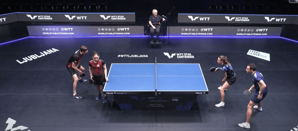 Hugo Calderano 3 Bruna Takahashi no WTT Star Contender na Eslovênia (imagem: reprodução Cazé TV)