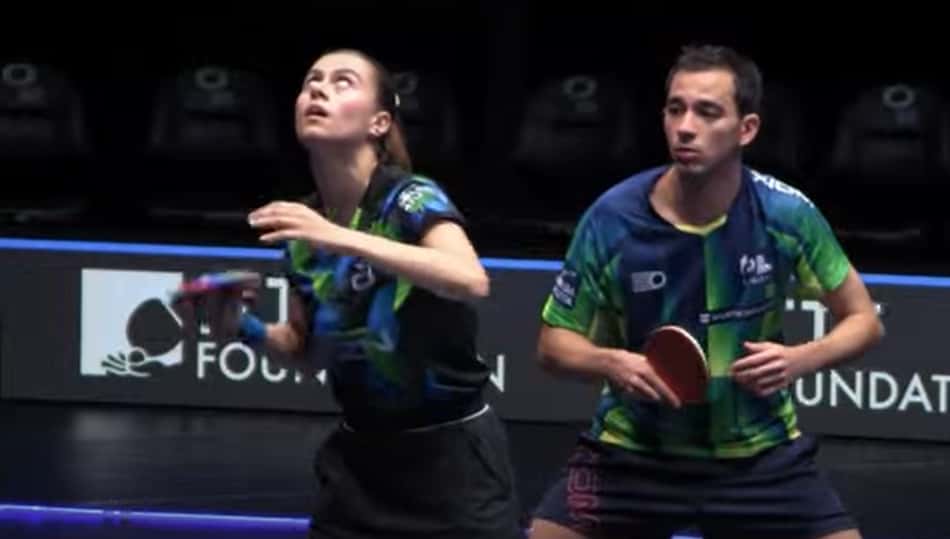 Hugo Calderano e Bruna Takahashi no WTT Star Contender Eslovenia (Reprodução Cazé TV)