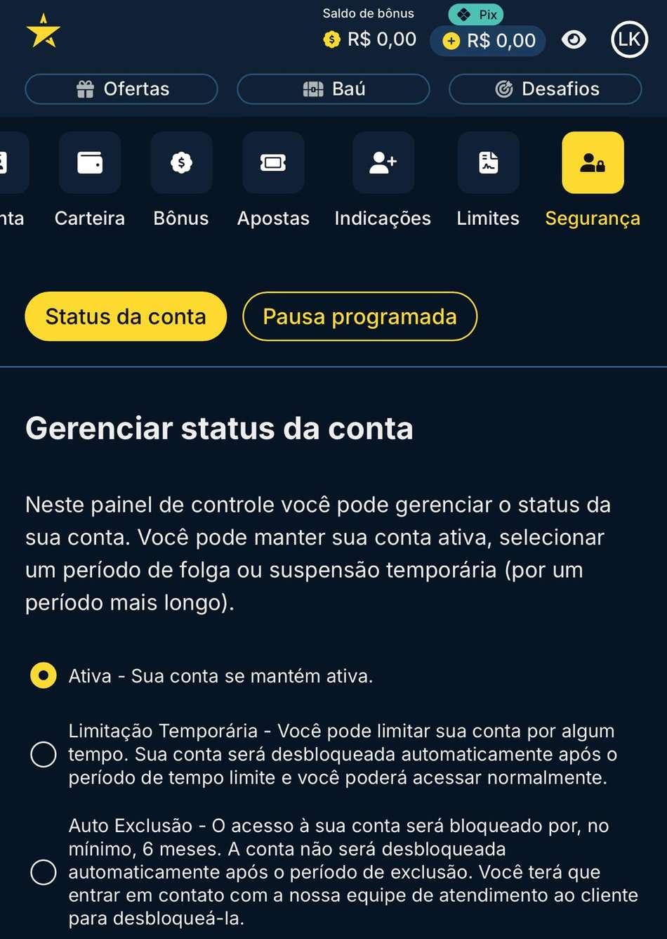 Captura da tela de limite de apostas na Estrela bet.